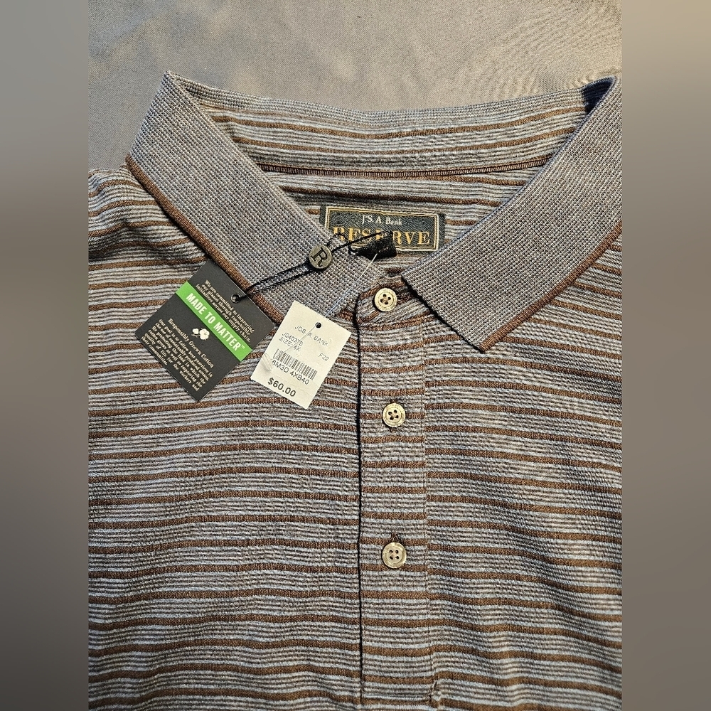 Jos A Bank Men's Reserve Grey Brown Stripe Cotton Polo Shirt 4XL Long Sleeve